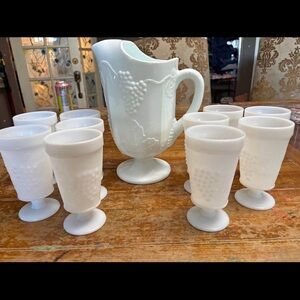 Vintage large milk glass pitcher and 10 milk glass footed gobbles. See Pics OBO